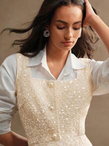 Anewsta 2st Kvinnor Enkel Front Button Vanlig Klänning & Långärmad Top Elegant Set - Beige - Visa 5