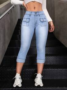 SHEIN EZwear Quần Jeans Skinny Túi Giặt Thường Ngày Cho Nữ, Thích Hợp Mặc Ngoài Trời - Rửa nhẹ - Xem 1