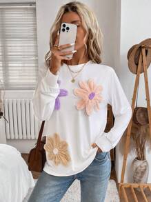 SHEIN LUNE 女士休闲花卉图案长袖白色 T 恤