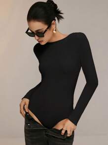 Poéselle Mono de unicolor con espalda descubierta, manga larga y cuello elegante para mujer, primavera otoño - Negro - Ver 4