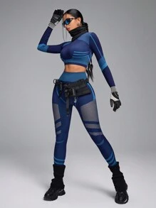 Innovista 女士紧身无缝3D立体线条动态纹理高弹运动卫衣，秋季卫衣，瑜伽健身服，外出上衣，运动上衣，长袖卫衣，秋季女装，户外，滑雪卫衣，秋冬女装，Core Motion秋季新款女式实用时尚，秋冬运动服，条纹设计 - 藍色 - 查看 8