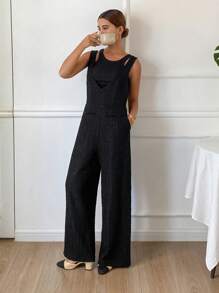 DAZY 女士纯色休闲V领无袖连体裤 女士秋季服装连身裤 - 黑色 - 查看 4