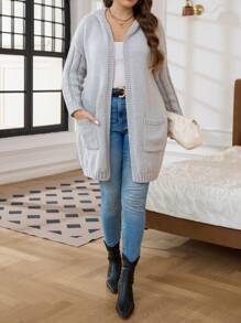 SHEIN LUNE Plus Size Autumn/Winter Casual Double Pocket Simple Front Open Hooded Cardigan