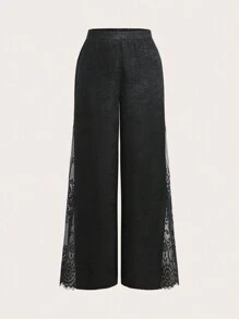 SHEIN Clasi Damen modische schwarze Hose mit Spitzen-Patchwork für Herbst & Winter - Schwarz - Übersicht 2