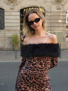 SHEIN 2 件套少女优雅派对豹纹针织弹力面料蓬松饰边露肩上衣和裙子 - 彩色 - 查看 4