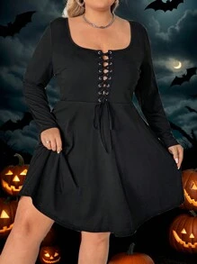 SHEIN CURVE+ Plus Size Women Dark Punk Style Lace-Up Crew Neck Long Sleeve Dress, Winter Fall Clothes Halloween - Black - View 1