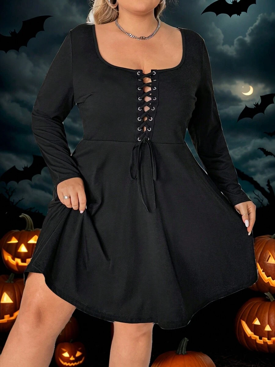 SHEIN CURVE+ Plus Size Women Dark Punk Style Lace-Up Crew Neck Long Sleeve Dress, Winter Fall Clothes Halloween - Black - View 1