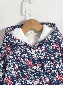 SHEIN Young Girl Floral Print Fleece Hooded Long Sleeve Winter Coat - Navy Blue - View 3