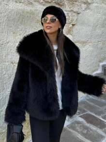 TRAFZA 女士仿皮草优雅外套，休闲奢华纯色大衣，保暖宽松女士时尚街头风长袖外套，黑色，冬季款 - 黑色 - 查看 2