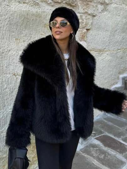 TRAFZA Women's Faux Fur Elegant Jacket, Casual Luxury Solid Color Coat, Warm Loose Women's Fashion Street Style Long Sleeve Jacket