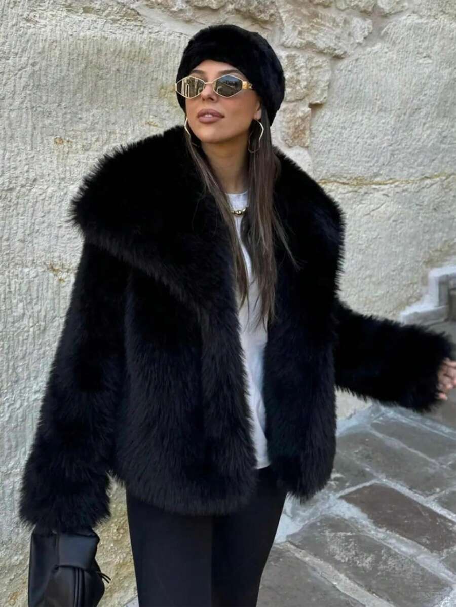 TRAFZA 女士仿皮草优雅外套，休闲奢华纯色大衣，保暖宽松女士时尚街头风长袖外套，黑色，冬季款