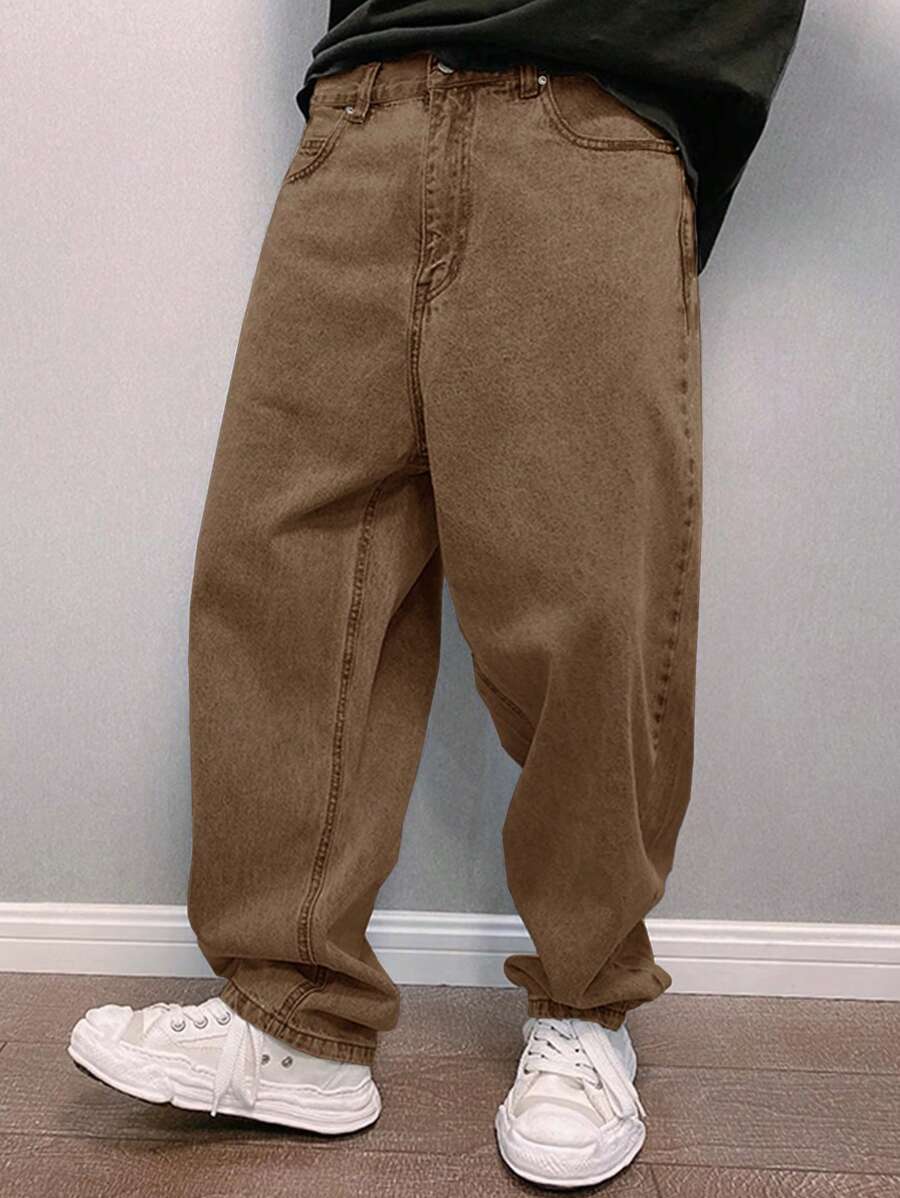 Claim Dot 男式宽松斜口袋直筒牛仔裤 - 駝色 - 查看 1