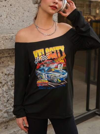 SHEIN Teen Girls' Graphic Print Off-Shoulder Long Sleeve Loose Mid-Length T-Shirt