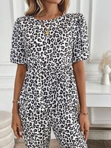 SHEIN Unity Setelan Dua Potong Kemeja dan Celana Panjang Motif Leopard untuk Liburan Kasual Wanita - MultiWarna - View 5