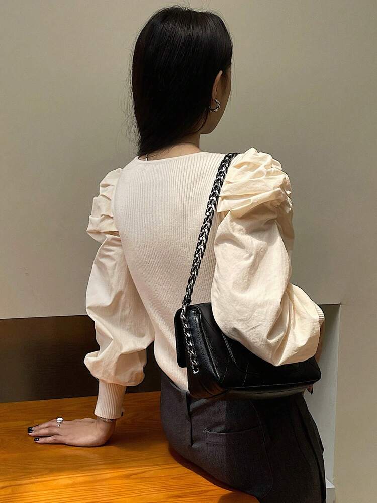 V-Neck Patchwork Puff Sleeve Women's Slim Fit Sweater, Autumn Winter,Fall Women Clothes