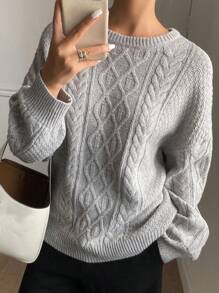 DAZY Plain Loose Long Sleeve Crew Neck Sweater For Women - Grey - View 3