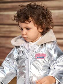 Baby Girls' Letter Print Zip-Up Hooded Padded Coat With Silver Contrast Fluffy Trim - Silver - View 5