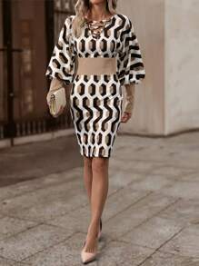 EMERY ROSE 女式优雅系带交叉拼布印花连衣裙，秋季 - 彩色 - 查看 4