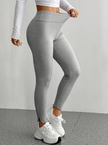 SHEIN Unity 女式灰色罗纹保暖内衬紧身裤，长款修身保暖内衬裤，适合秋冬季 - 灰色 - 查看 2