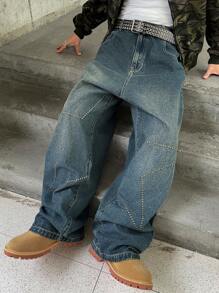 Claim Dot 男士破洞深蓝色复古牛仔宽腿宽松牛仔裤，适合送给丈夫、男朋友的礼物 - 深色水洗藍 - 查看 6