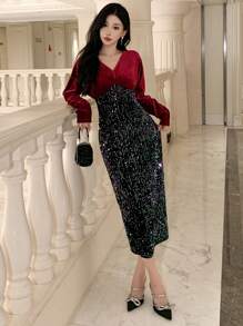 DAZY Women's Autumn/Winter Patchwork Midi Cocktail Dress Prom Dress Party Women Homecoming Dresses Luxury Sequin New Years Women Outfit Carnival - Multicolor - View 8