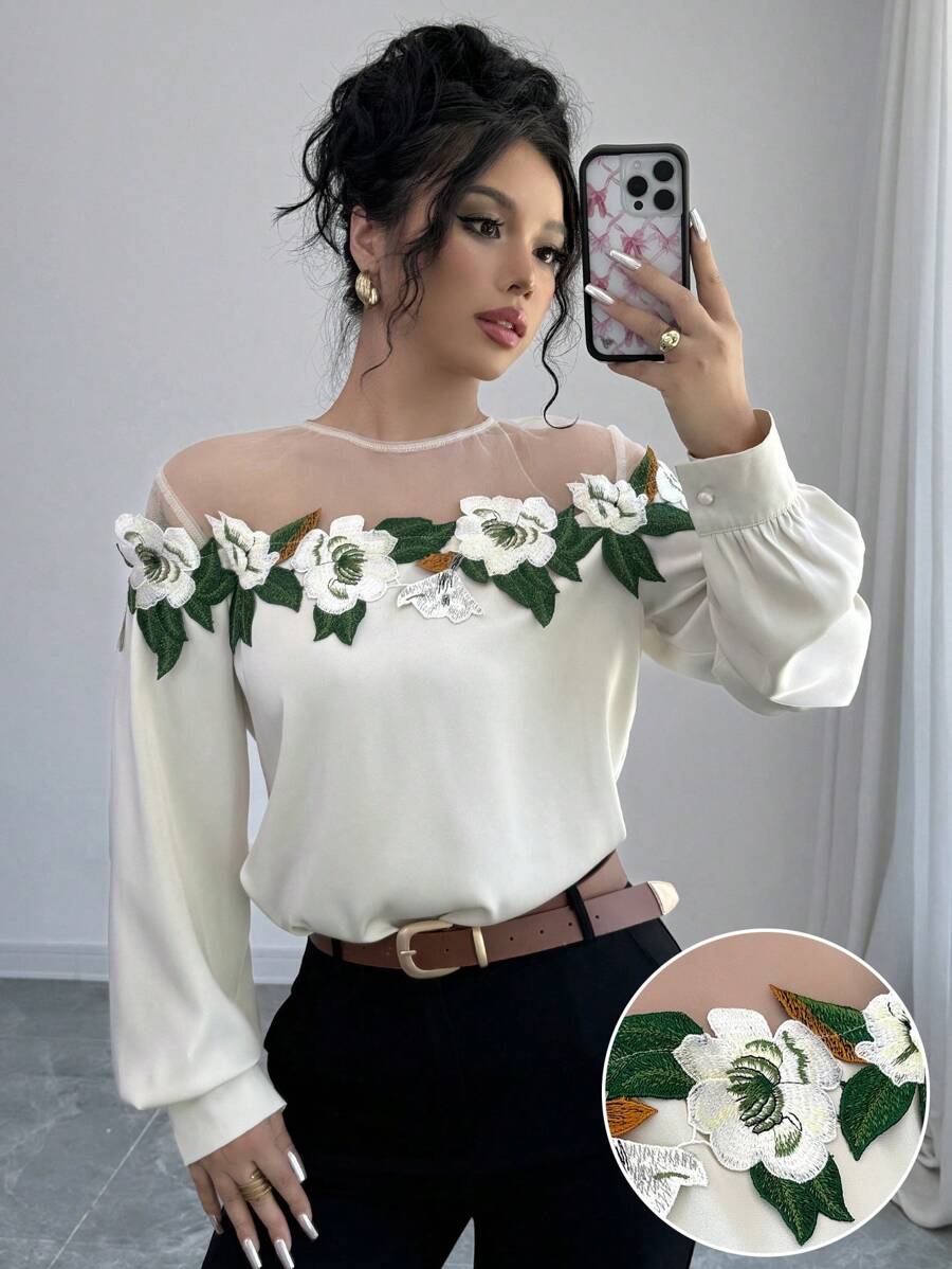 Rafferiza Ladies' Elegant Long Sleeve Blouse With Lace Mesh Contrast,Long Sleeve Tops Fall Cloth For Women - Apricot - View 1