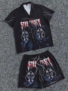Manfinity Homme Set cămașă și pantaloni scurți cu guler polo cu imprimeu încrucișat și cu litere de vară pentru bărbați, mărime mare, ocazional, 2 buc/set