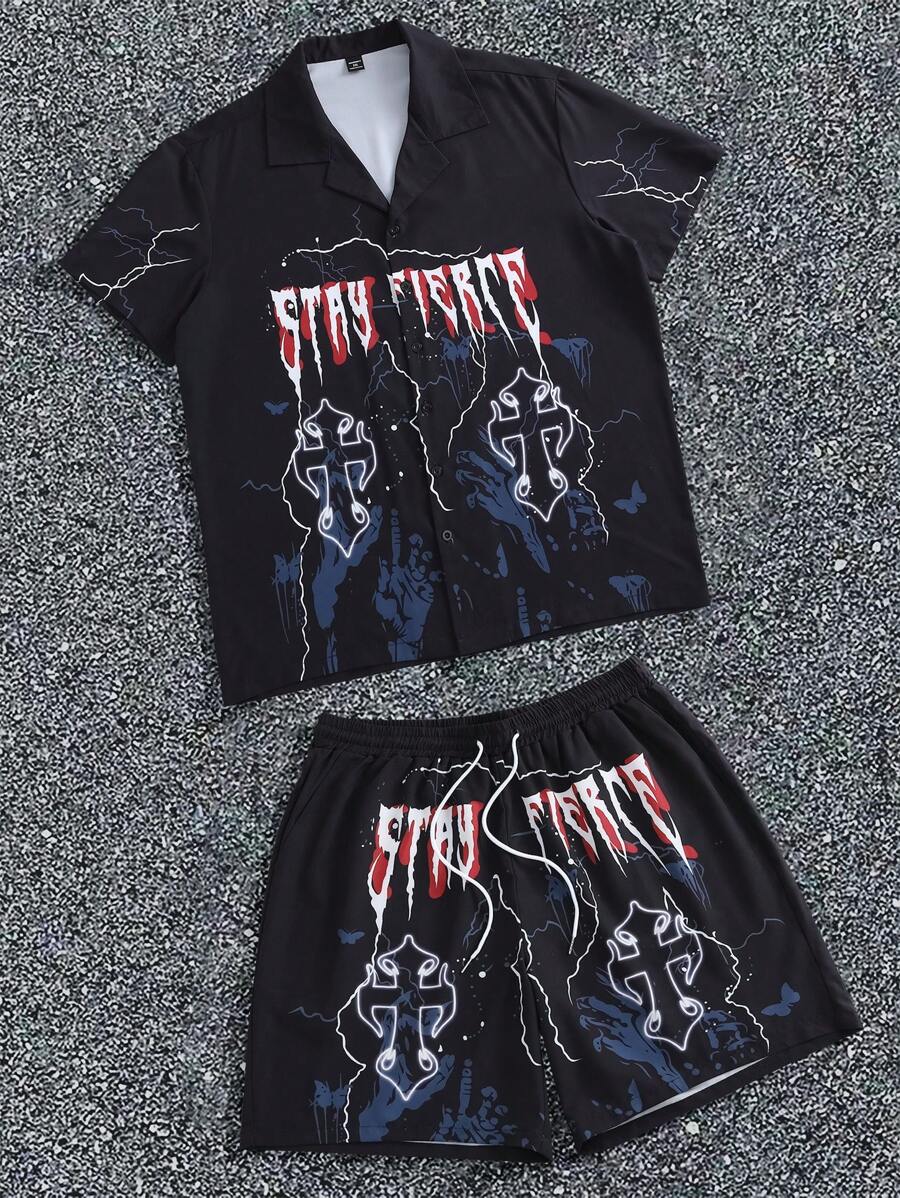 Manfinity Homme Set cămașă și pantaloni scurți cu guler polo cu imprimeu încrucișat și cu litere de vară pentru bărbați, mărime mare, ocazional, 2 buc/set