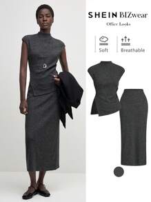 BizChic 2 件套女士休闲通勤针织上衣和裙子套装，优雅毛衣连衣裙工作制服，秋冬 - 深灰色 - 查看 1