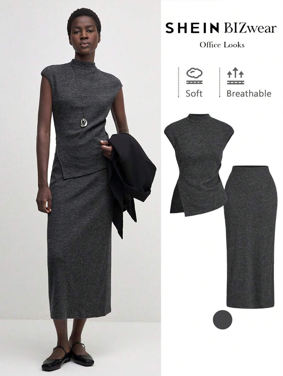 BizChic 2 件套女士休闲通勤针织上衣和裙子套装，优雅毛衣连衣裙工作制服，秋冬 - 深灰色 - 查看 1