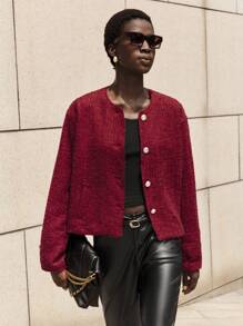 BizChic 圣诞女士短款针织混纺工作夹克，秋冬红色皮夹克 - 酒紅色 - 查看 11