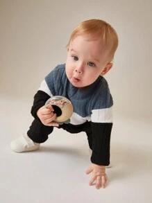 SHEIN Bộ 2 áo thun dài tay cổ tròn mềm mại ấm áp có gân họa tiết thường ngày cho bé trai và quần dài in chữ, đa năng để mặc hàng ngày, mùa thu/đông - Nhiều màu - Xem 5