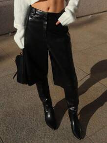 DAZY Women's Solid Color Versatile PU Bermuda Shorts, Neutral Style For Spring, Summer, Autumn Seasons Leather Shorts - Black - View 7