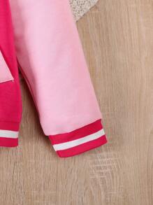 SHEIN Young Girl Spring/Autumn Letter Print Striped Long Sleeve Baseball Jacket And Mini Skirt Casual 2pcs Outfit - Hot Pink - View 5