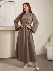 Al Najma 女式休闲纯色长款开叉长袍连衣裙，秋季，朴素长袖休闲束腰阿拉伯连衣裙，适合日常休闲/居家 - 咖啡棕 - 查看 5