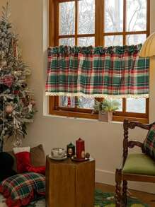 1 件圣诞绿色格子流苏短窗帘，美国复古农舍风格咖啡窗帘，柔软舒适节日装饰窗帘，适用于餐厅厨房咖啡厅门口隔断 - 墨綠色 - 查看 1