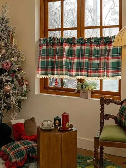 1 件圣诞绿色格子流苏短窗帘，美国复古农舍风格咖啡窗帘，柔软舒适节日装饰窗帘，适用于餐厅厨房咖啡厅门口隔断