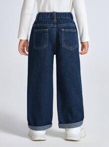SHEIN Genkimix Kids Young Girl Vintage Wide Leg Washed Denim Jeans, Autumn/Winter - Dark Wash - View 2