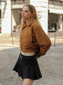 SHEIN 青少年女孩休闲复古仿麂皮保暖衬里拉链立领加厚保暖短款夹克外套 - 棕色 - 查看 6