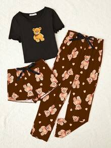 3 件套 Tween Girls 棕色可爱熊印花长裤、短裤和短袖上衣休闲睡衣套装 - 鏽棕色 - 查看 3