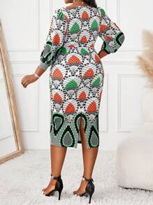 SHEIN Lady Autumn And Winter Elegant Colorful Knitted Round Neck Straight Three Quarter Length Sleeve Plus Size Dresses - Multicolor - View 2