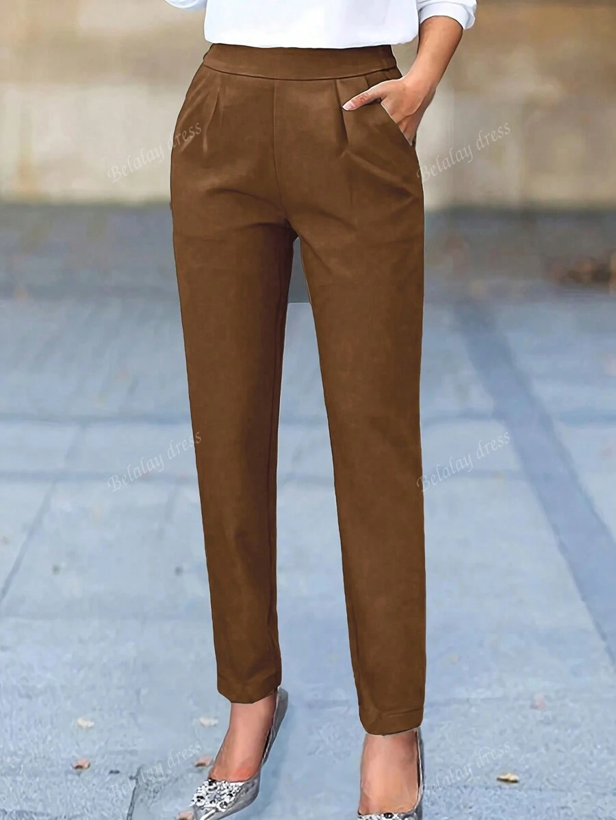 Pantalon casual plissé avec poche, couleur unie pour femmes