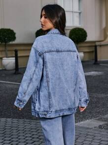 SHEIN Tall Women's Ripped Front Button Pocket Long Sleeve Denim Jacket - Blue - View 2