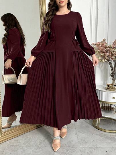 Al Najma Burgundy Red Plus Size Elegant Autumn Minimalist Lantern Sleeve Ruffle Hem Dress, Modest