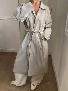 DAZY 1pc Women's Loose Solid Color Long Sleeve Waist Belt Pocket Trench Coat