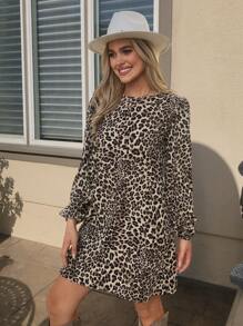 SHEIN LUNE Women's Spring And Summer Leopard Print Lantern Sleeve Loose Straight Dress