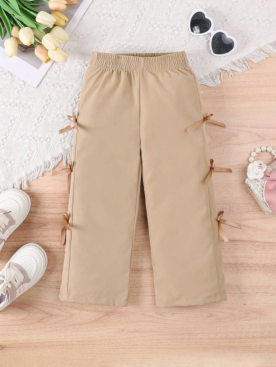 SHEIN Elladie kids Young Girl Fashionable Casual Pink Bowknot Loose Waist Wide Leg Sweatpants Spring & Summer, Toddler