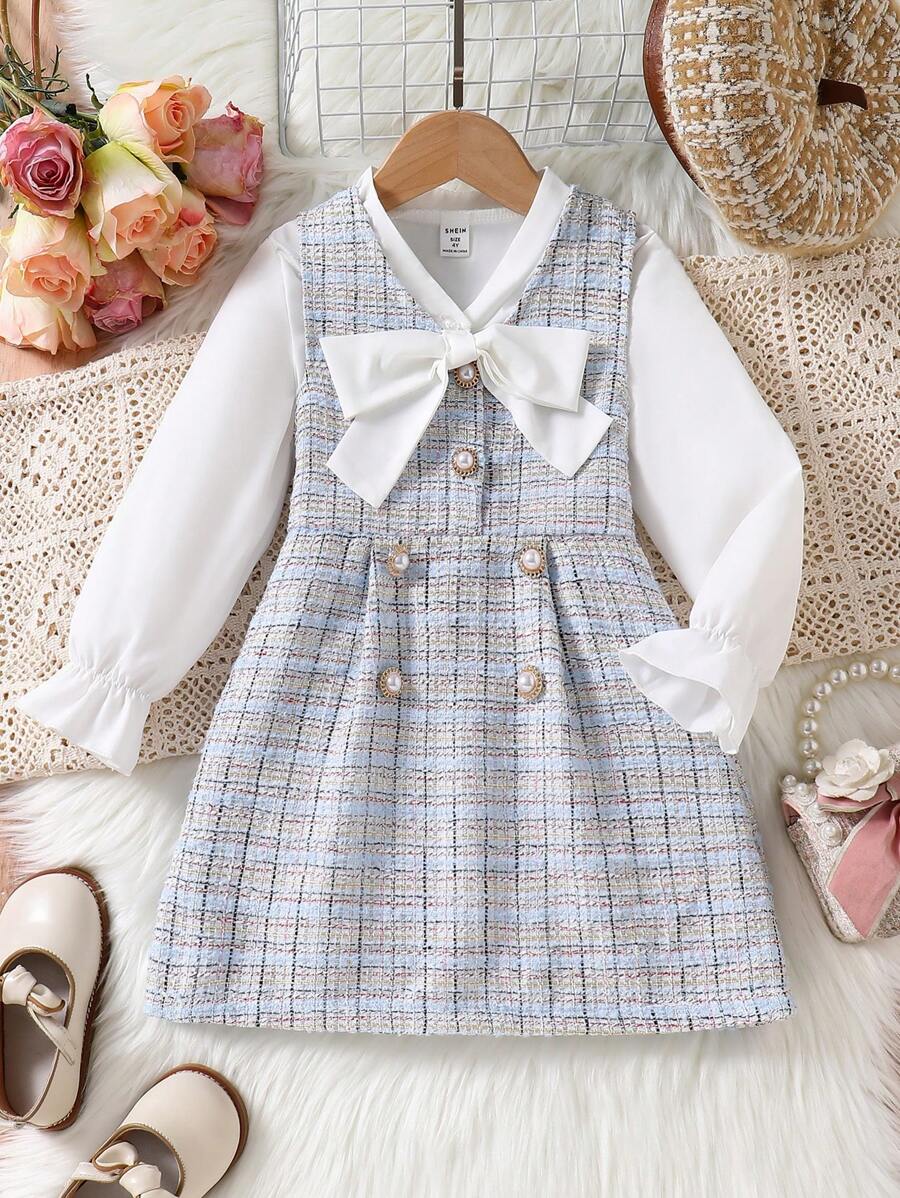 SHEIN 2pcs Young Girl Bow Collar Long Sleeve Blouse And Plaid Suspender Dress Set, Spring Autumn - Blue - View 1