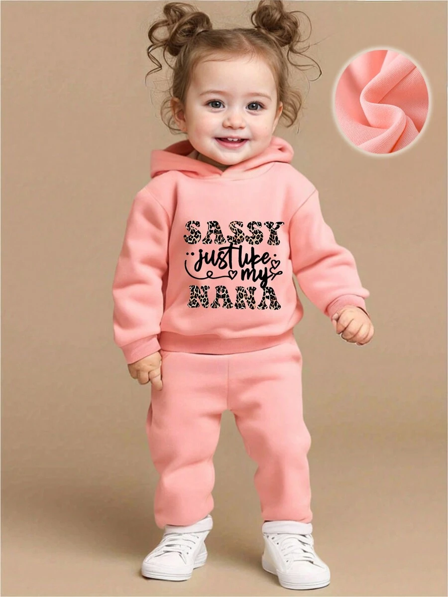 2 件套女婴豹纹印花和字母图案保暖连帽运动衫和裤子套装，秋冬季秋季服装 - 粉色 - 查看 1