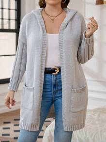 SHEIN LUNE Plus Size Autumn/Winter Casual Double Pocket Simple Front Open Hooded Cardigan